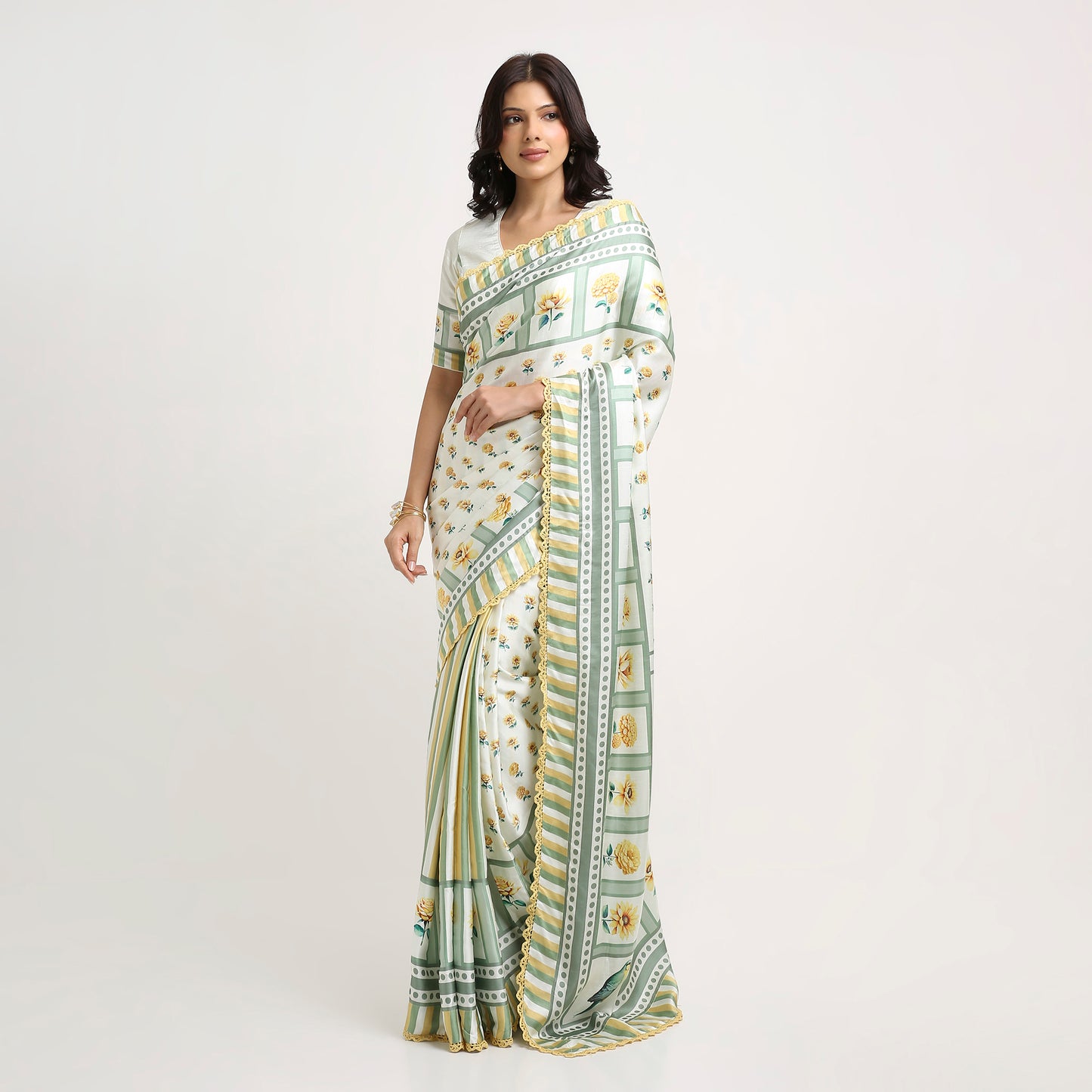 ‘Botanica Privée’ Sunlit Yellow & Sage Green Georgette Painterly Saree