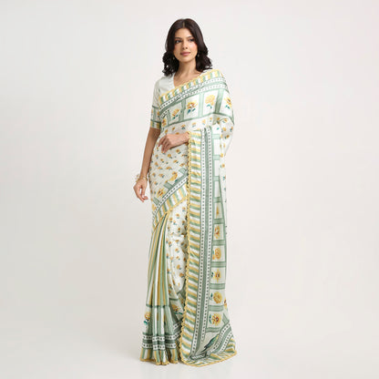 ‘Botanica Privée’ Sunlit Yellow & Sage Green Georgette Painterly Saree