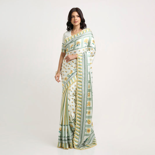 ‘Botanica Privée’ Sunlit Yellow & Sage Green Georgette Painterly Saree