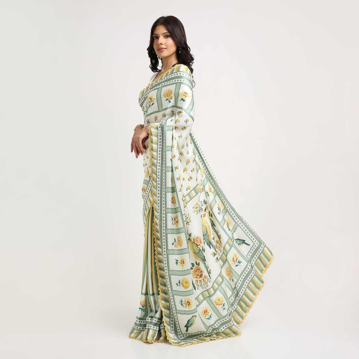 ‘Botanica Privée’ Sunlit Yellow & Sage Green Georgette Painterly Saree