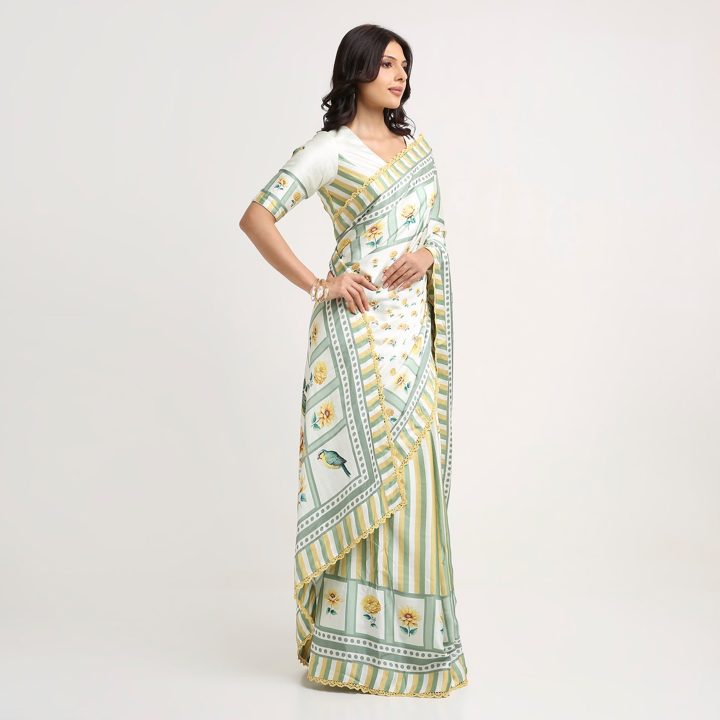 ‘Botanica Privée’ Sunlit Yellow & Sage Green Georgette Painterly Saree