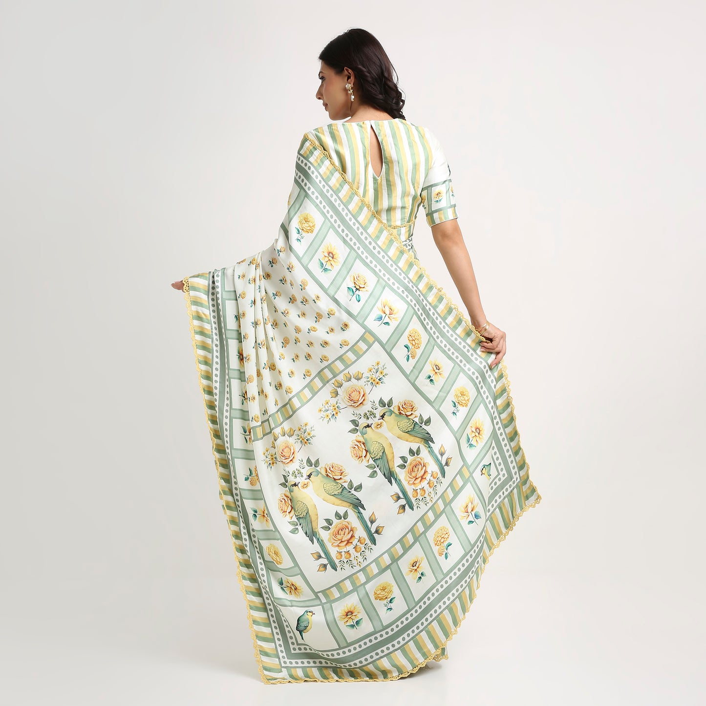 ‘Botanica Privée’ Sunlit Yellow & Sage Green Georgette Painterly Saree