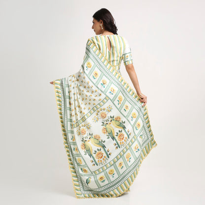 ‘Botanica Privée’ Sunlit Yellow & Sage Green Georgette Painterly Saree