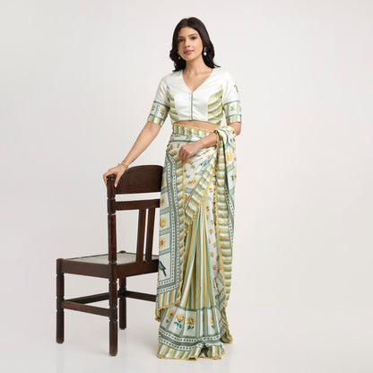 ‘Botanica Privée’ Sunlit Yellow & Sage Green Georgette Painterly Saree