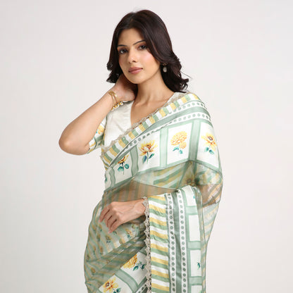 ‘Bloom Edit’ Sunlit Yellow and Antique Sage Silk Banarasi Tissue Painterly Saree with 2 Blouse options