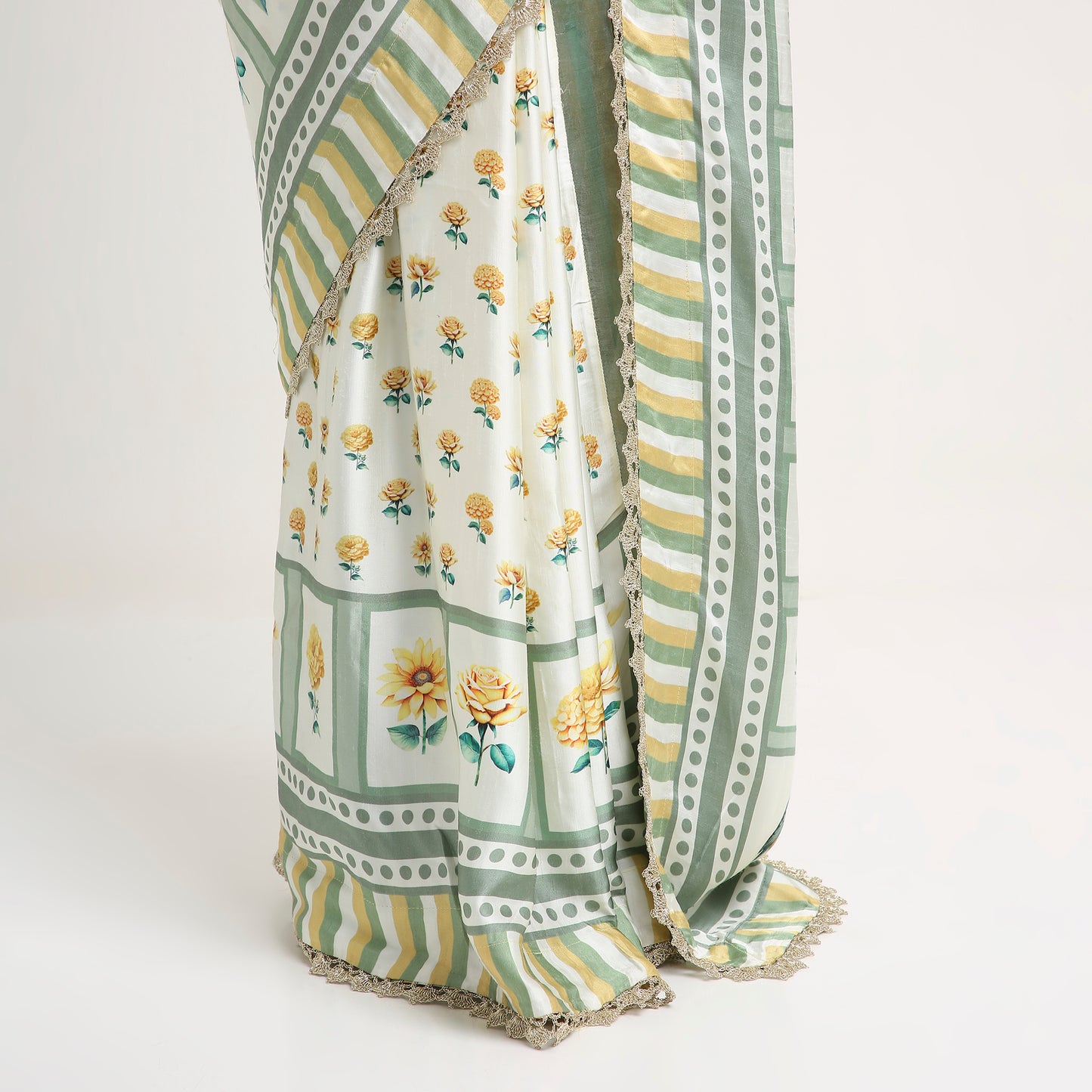 ‘Bloom Edit’ Sunlit Yellow and Antique Sage Silk Banarasi Tissue Painterly Saree with 2 Blouse options
