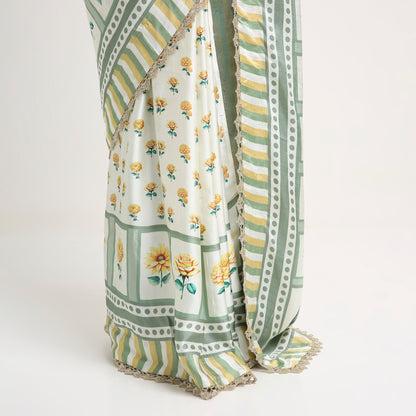 ‘Bloom Edit’ Sunlit Yellow and Antique Sage Silk Banarasi Tissue Painterly Saree with 2 Blouse options