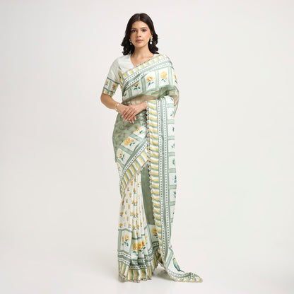 ‘Bloom Edit’ Sunlit Yellow and Antique Sage Silk Banarasi Tissue Painterly Saree with 2 Blouse options