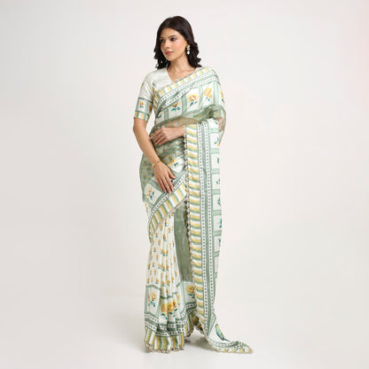 ‘Bloom Edit’ Sunlit Yellow and Antique Sage Silk Banarasi Tissue Painterly Saree with 2 Blouse options
