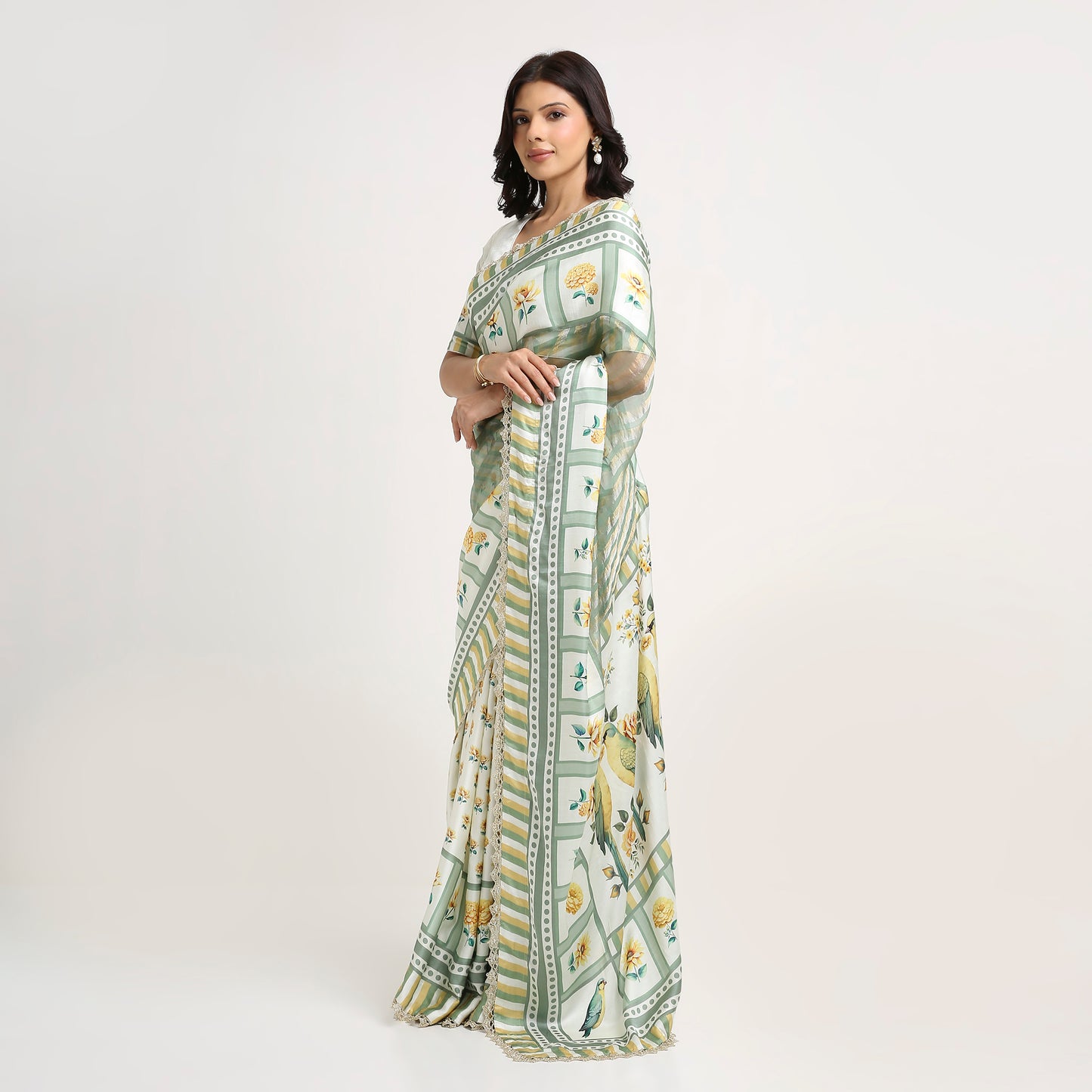 ‘Bloom Edit’ Sunlit Yellow and Antique Sage Silk Banarasi Tissue Painterly Saree with 2 Blouse options