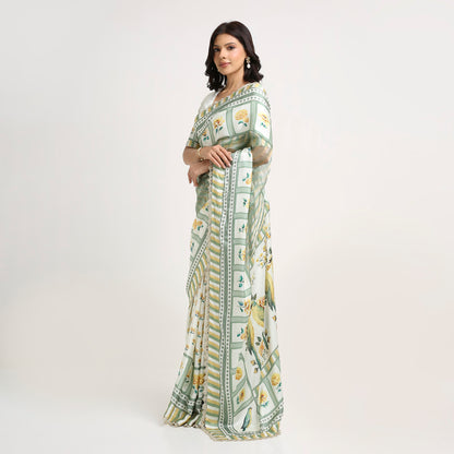 ‘Bloom Edit’ Sunlit Yellow and Antique Sage Silk Banarasi Tissue Painterly Saree with 2 Blouse options
