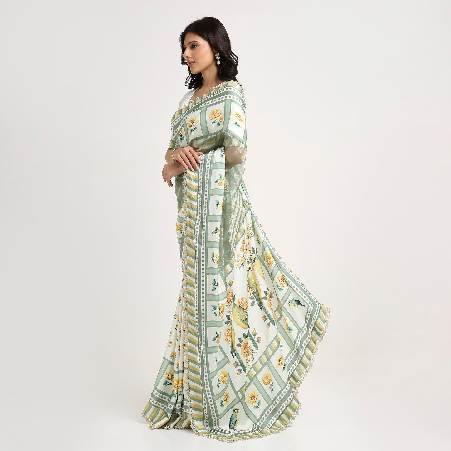 ‘Bloom Edit’ Sunlit Yellow and Antique Sage Silk Banarasi Tissue Painterly Saree with 2 Blouse options