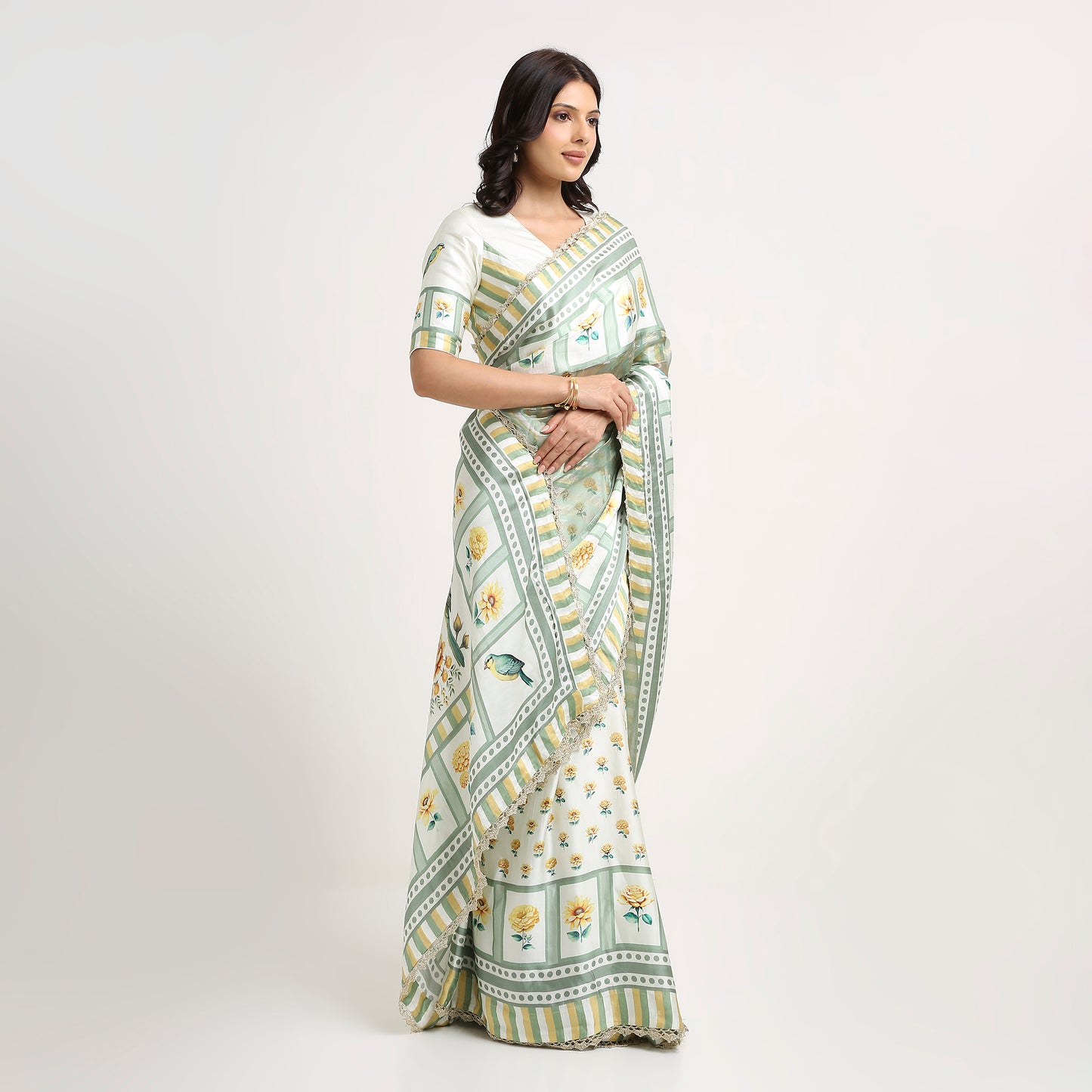 ‘Bloom Edit’ Sunlit Yellow and Antique Sage Silk Banarasi Tissue Painterly Saree with 2 Blouse options