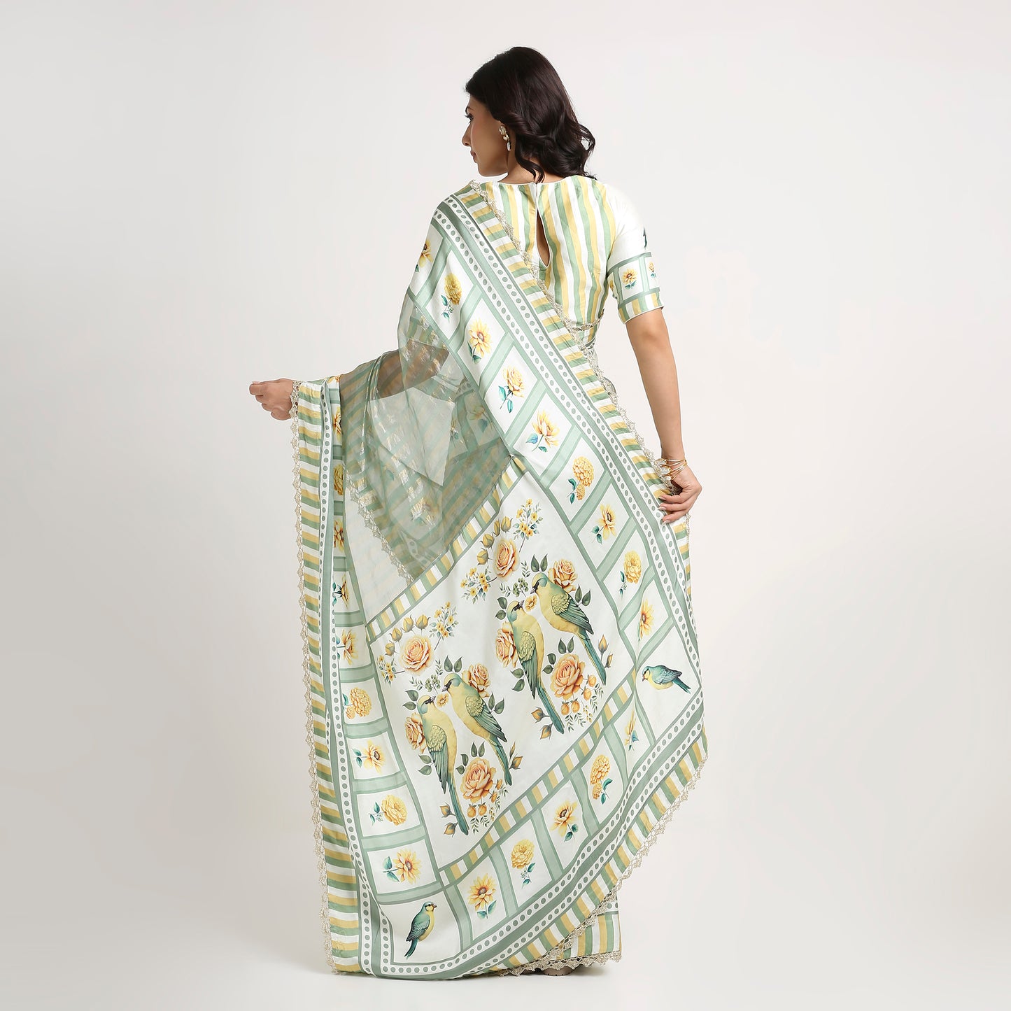 ‘Bloom Edit’ Sunlit Yellow and Antique Sage Silk Banarasi Tissue Painterly Saree with 2 Blouse options