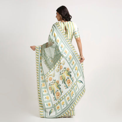 ‘Bloom Edit’ Sunlit Yellow and Antique Sage Silk Banarasi Tissue Painterly Saree with 2 Blouse options