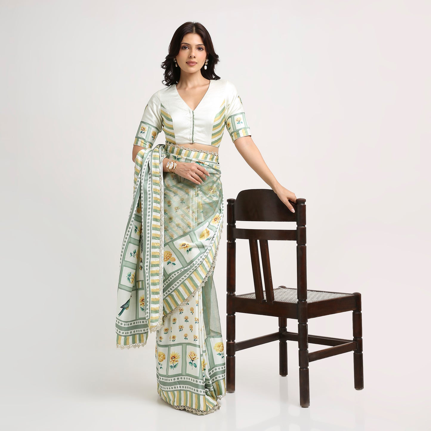 ‘Bloom Edit’ Sunlit Yellow and Antique Sage Silk Banarasi Tissue Painterly Saree with 2 Blouse options
