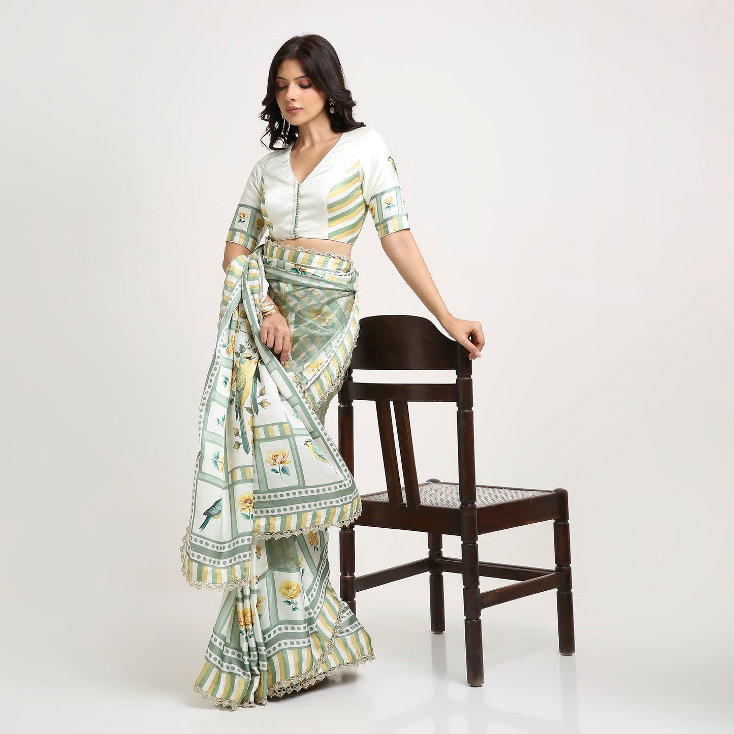 ‘Bloom Edit’ Sunlit Yellow and Antique Sage Silk Banarasi Tissue Painterly Saree with 2 Blouse options