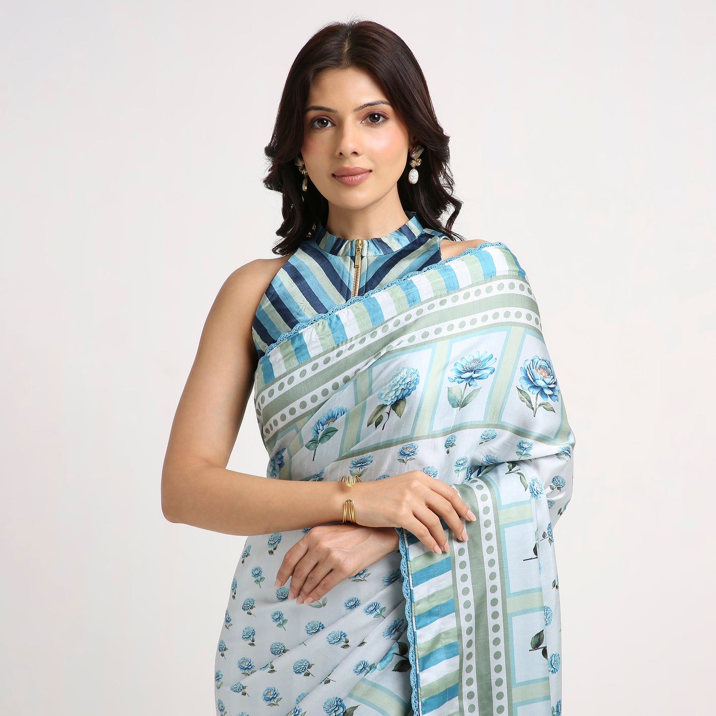 ‘Botanica Privée’ Porcelain Blue & Navy Georgette Painterly Saree