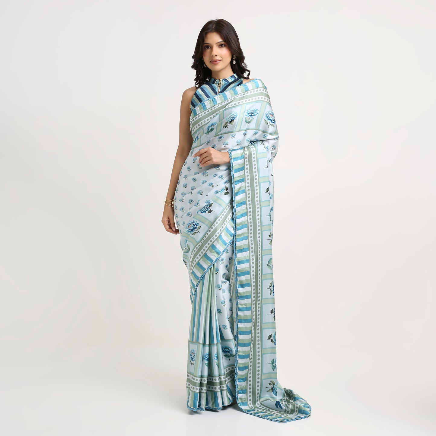 ‘Botanica Privée’ Porcelain Blue & Navy Georgette Painterly Saree