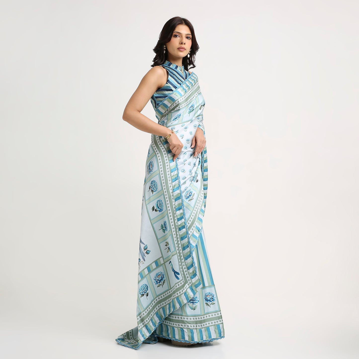 ‘Botanica Privée’ Porcelain Blue & Navy Georgette Painterly Saree