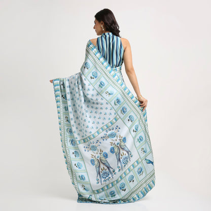 ‘Botanica Privée’ Porcelain Blue & Navy Georgette Painterly Saree