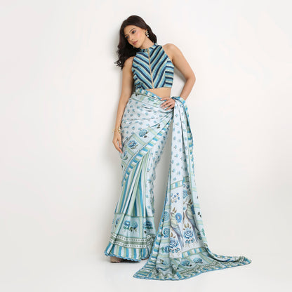 ‘Botanica Privée’ Porcelain Blue & Navy Georgette Painterly Saree