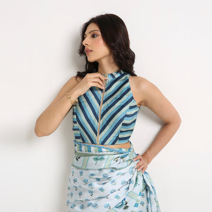 ‘Botanica Privée’ Porcelain Blue & Navy Georgette Painterly Saree