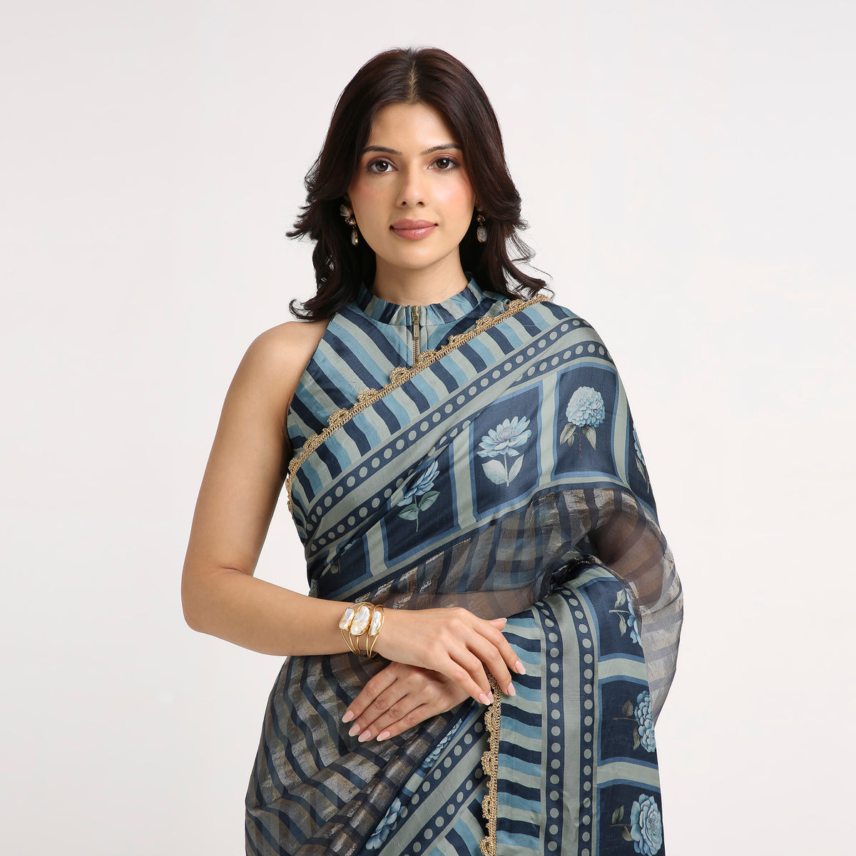 ‘Bloom Edit’ Deep Navy & Mist Blue Silk Banarasi Pure Tissue Painterly Saree