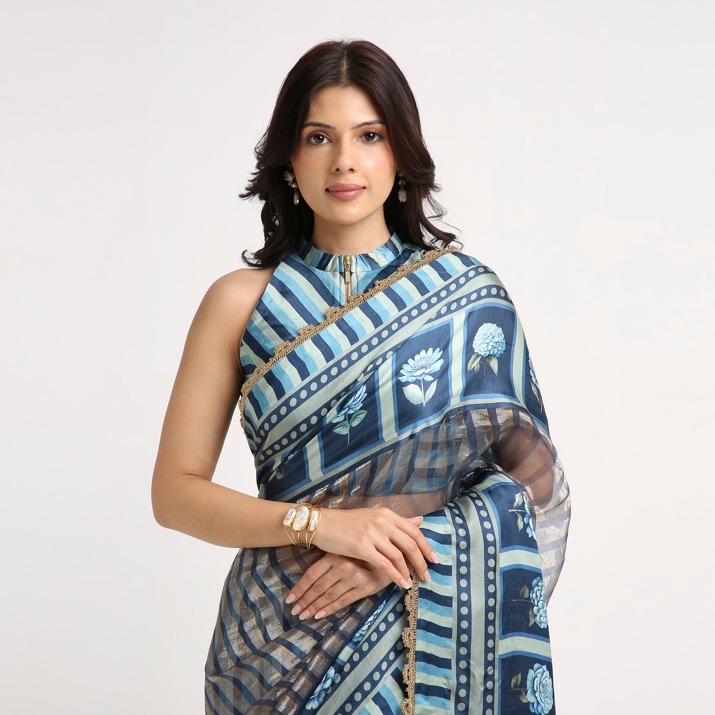‘Bloom Edit’ Deep Navy & Mist Blue Silk Banarasi Tissue Painterly Saree
