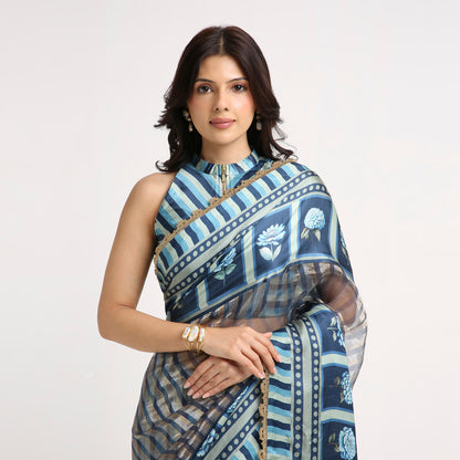 ‘Bloom Edit’ Deep Navy & Mist Blue Silk Banarasi Tissue Painterly Saree