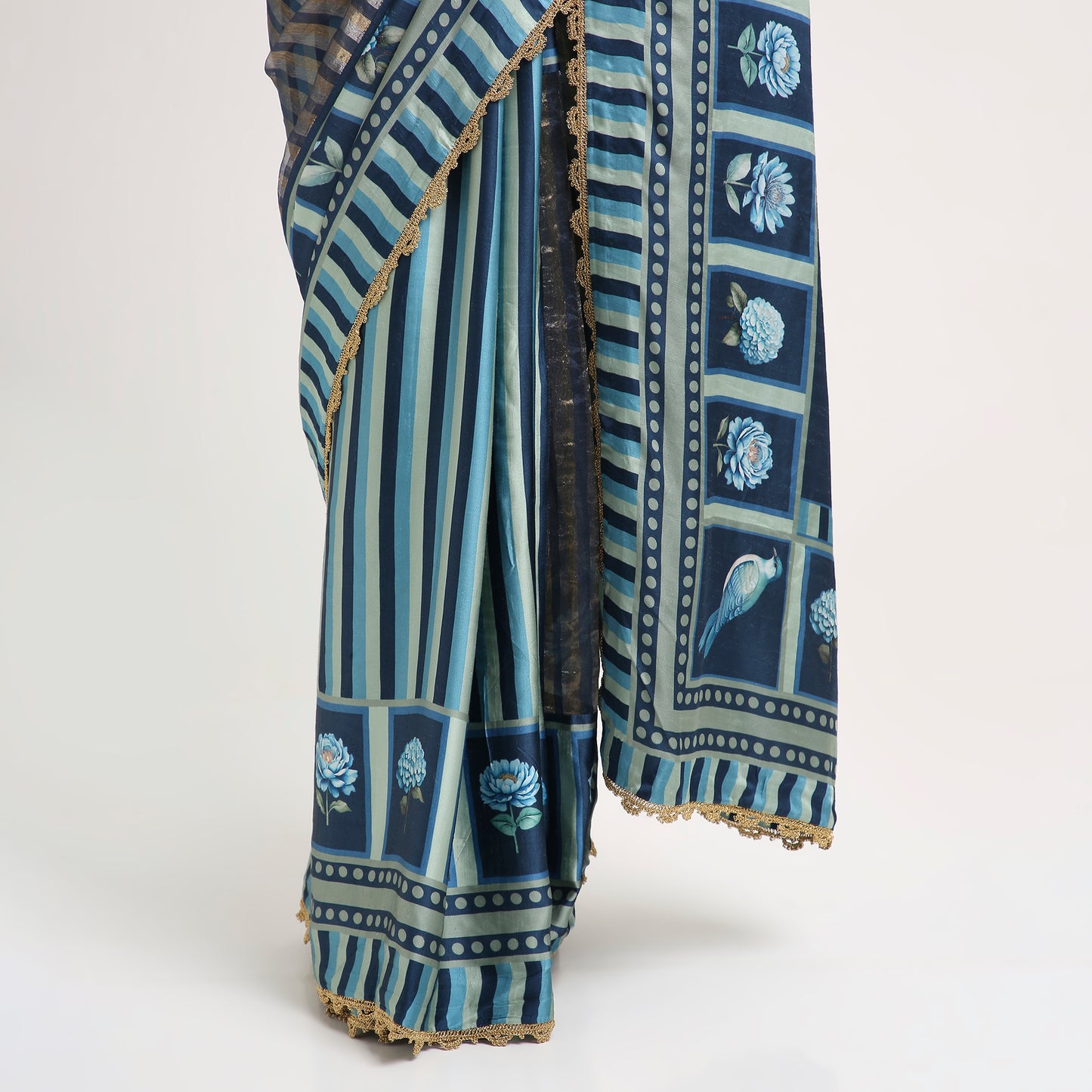 ‘Bloom Edit’ Deep Navy & Mist Blue Silk Banarasi Tissue Painterly Saree