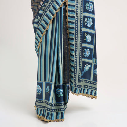 ‘Bloom Edit’ Deep Navy & Mist Blue Silk Banarasi Tissue Painterly Saree