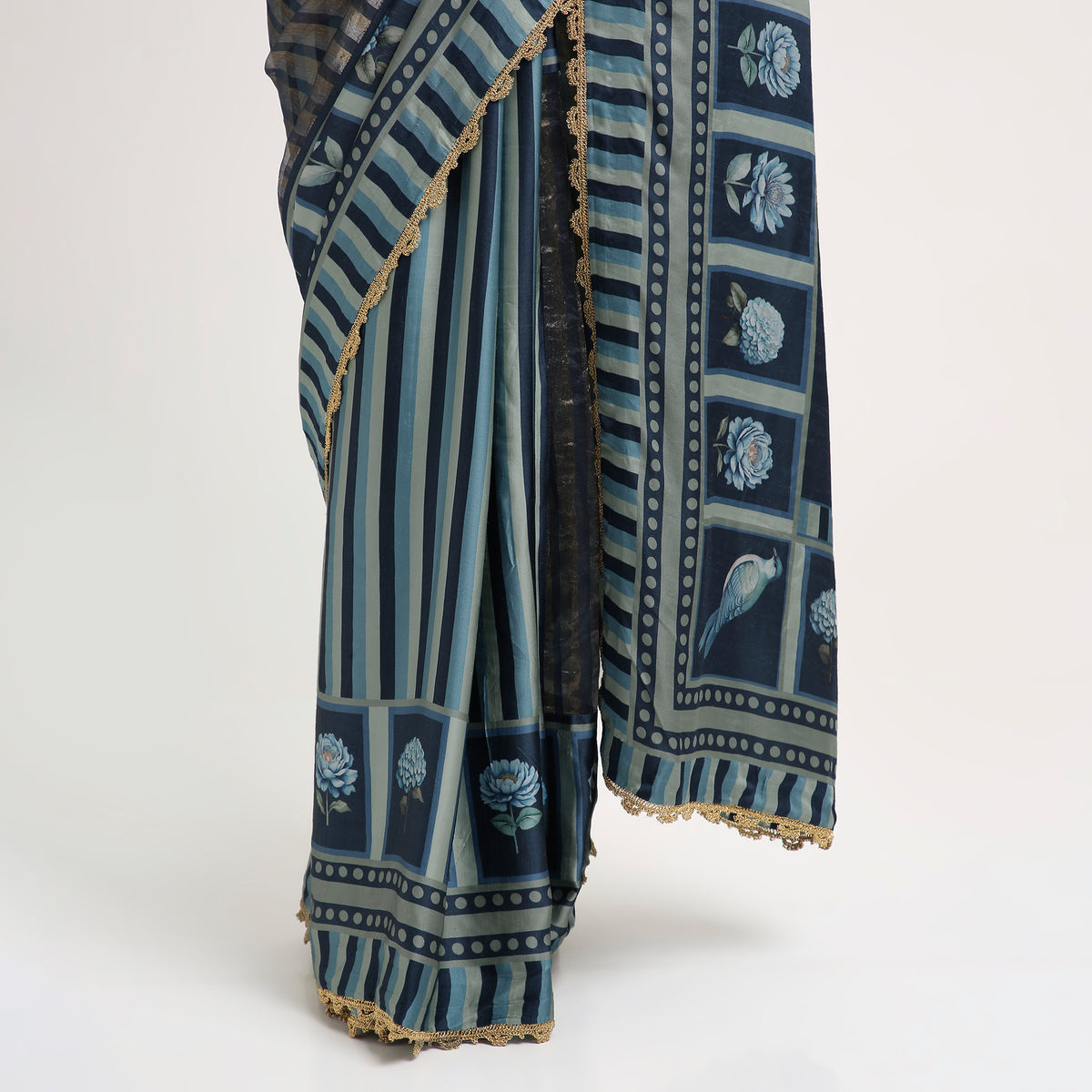 ‘Bloom Edit’ Deep Navy & Mist Blue Silk Banarasi Pure Tissue Painterly Saree