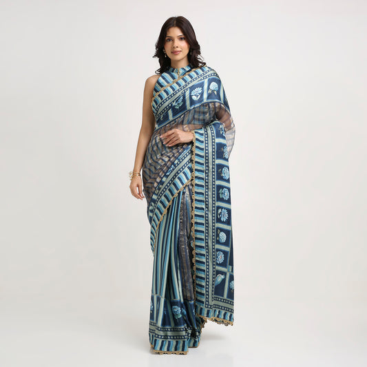 ‘Bloom Edit’ Deep Navy & Mist Blue Silk Banarasi Tissue Painterly Saree