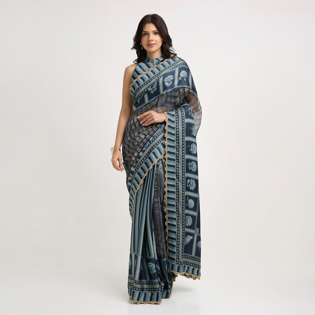 ‘Bloom Edit’ Deep Navy & Mist Blue Silk Banarasi Pure Tissue Painterly Saree