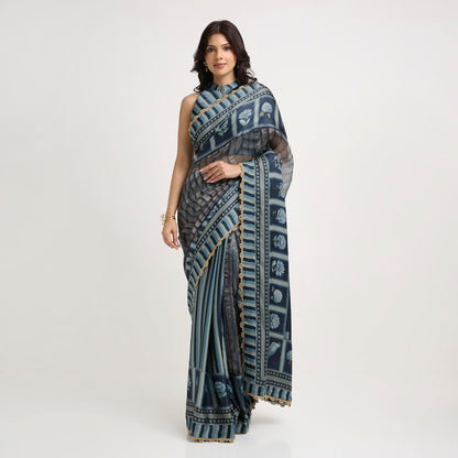 ‘Bloom Edit’ Deep Navy & Mist Blue Silk Banarasi Pure Tissue Painterly Saree