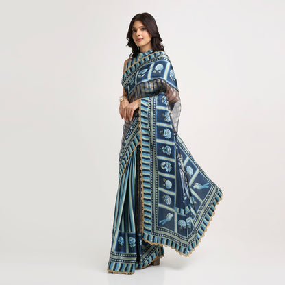 ‘Bloom Edit’ Deep Navy & Mist Blue Silk Banarasi Tissue Painterly Saree