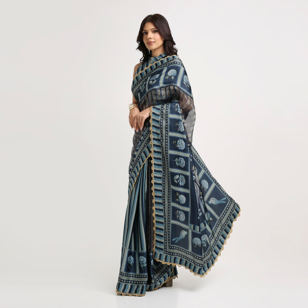 ‘Bloom Edit’ Deep Navy & Mist Blue Silk Banarasi Pure Tissue Painterly Saree