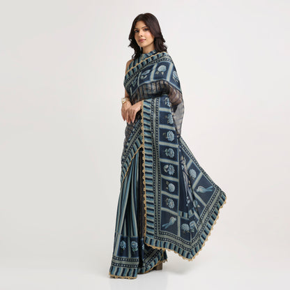 ‘Bloom Edit’ Deep Navy & Mist Blue Silk Banarasi Pure Tissue Painterly Saree