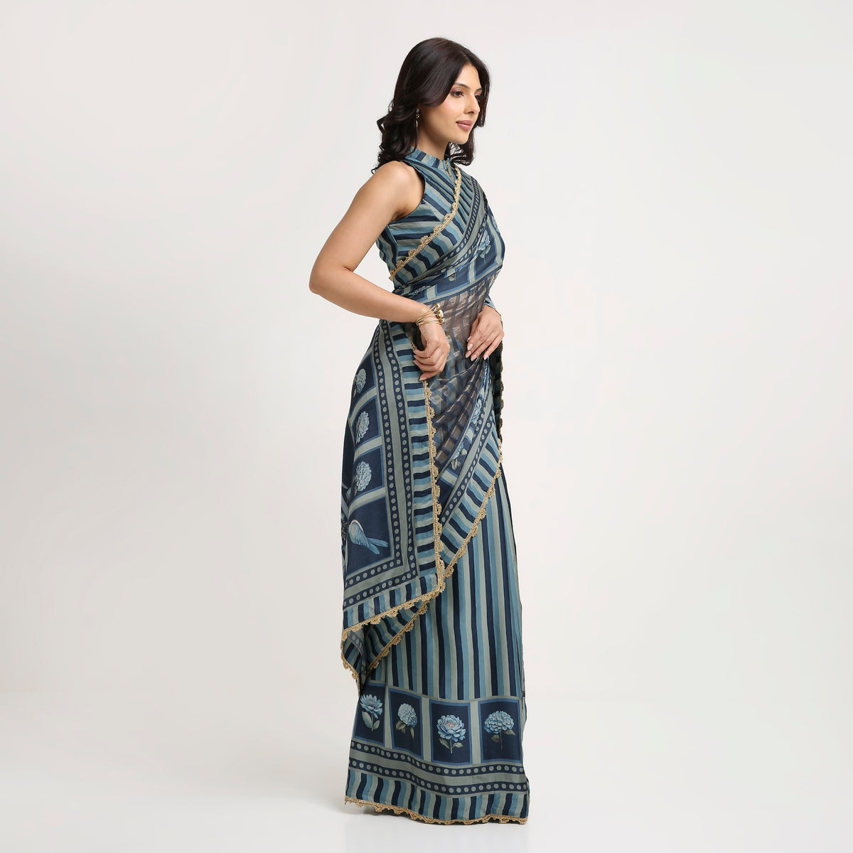 ‘Bloom Edit’ Deep Navy & Mist Blue Silk Banarasi Pure Tissue Painterly Saree