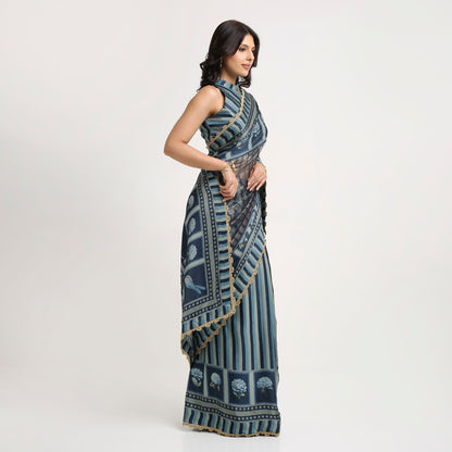 ‘Bloom Edit’ Deep Navy & Mist Blue Silk Banarasi Pure Tissue Painterly Saree