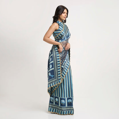 ‘Bloom Edit’ Deep Navy & Mist Blue Silk Banarasi Tissue Painterly Saree
