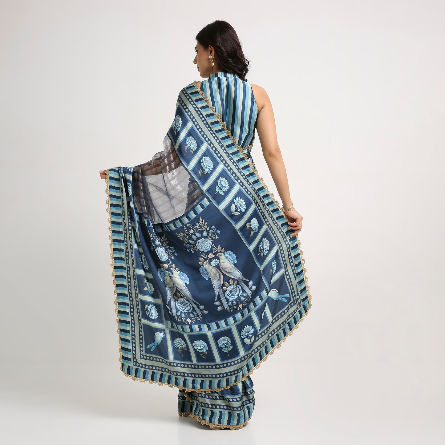 ‘Bloom Edit’ Deep Navy & Mist Blue Silk Banarasi Tissue Painterly Saree