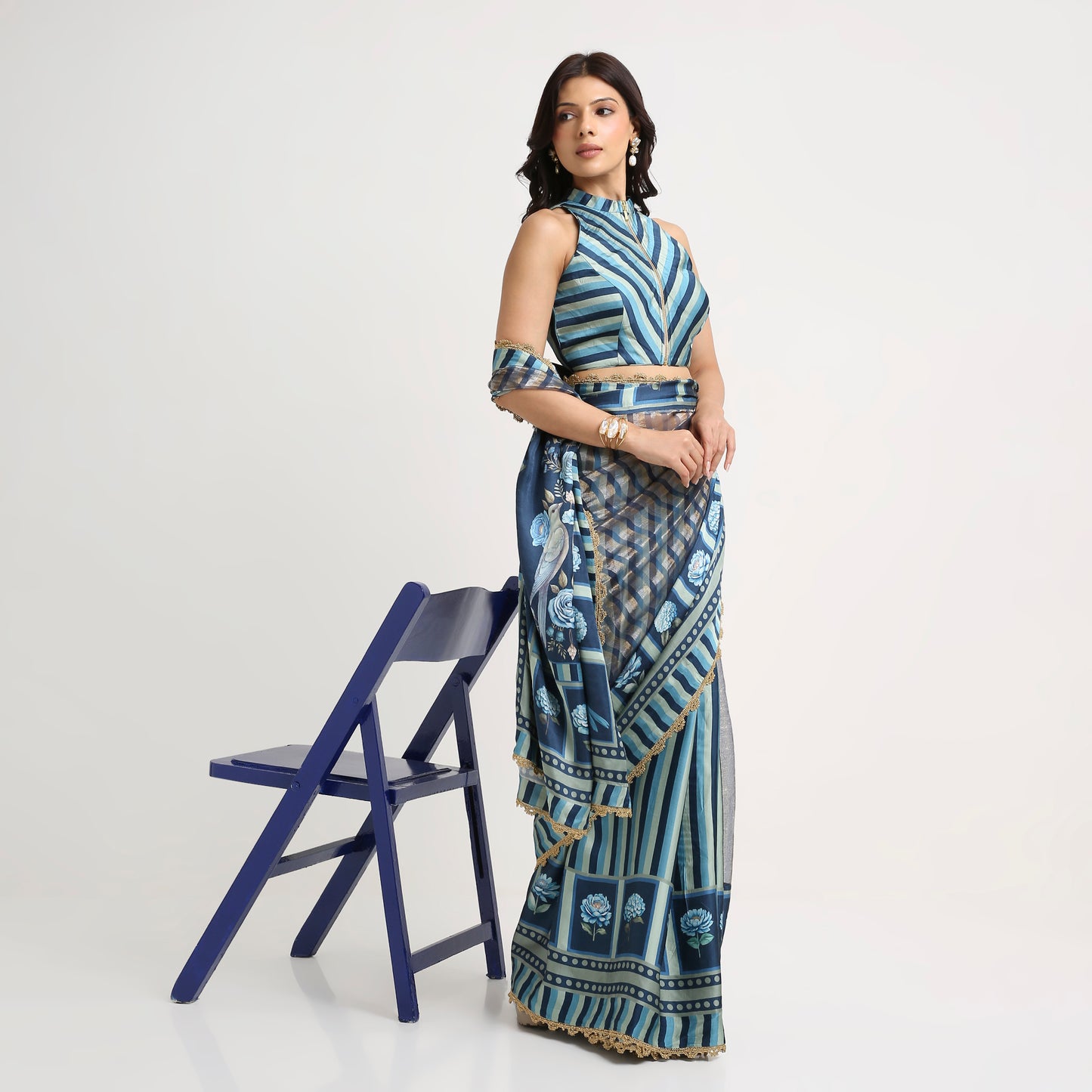 ‘Bloom Edit’ Deep Navy & Mist Blue Silk Banarasi Tissue Painterly Saree