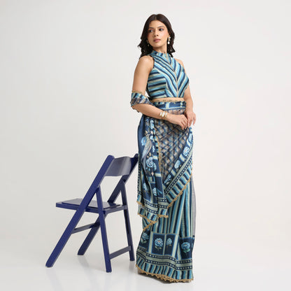 ‘Bloom Edit’ Deep Navy & Mist Blue Silk Banarasi Tissue Painterly Saree