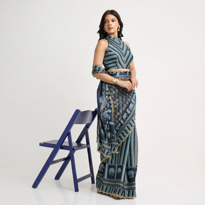 ‘Bloom Edit’ Deep Navy & Mist Blue Silk Banarasi Pure Tissue Painterly Saree