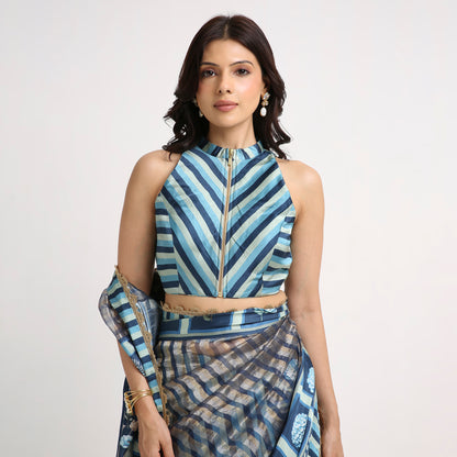 ‘Bloom Edit’ Deep Navy & Mist Blue Silk Banarasi Tissue Painterly Saree