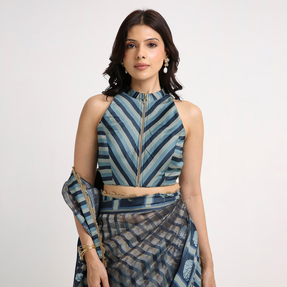 ‘Bloom Edit’ Deep Navy & Mist Blue Silk Banarasi Pure Tissue Painterly Saree