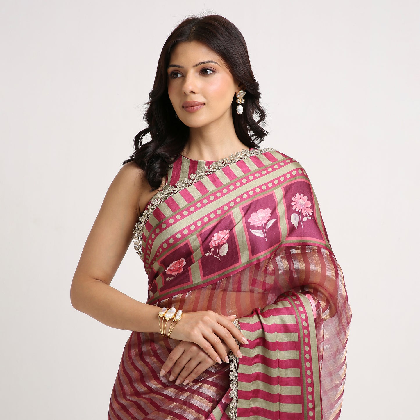 ‘Bloom Edit’ Mulberry Wine & Antique Sage Silk Banarasi Tissue Painterly Saree