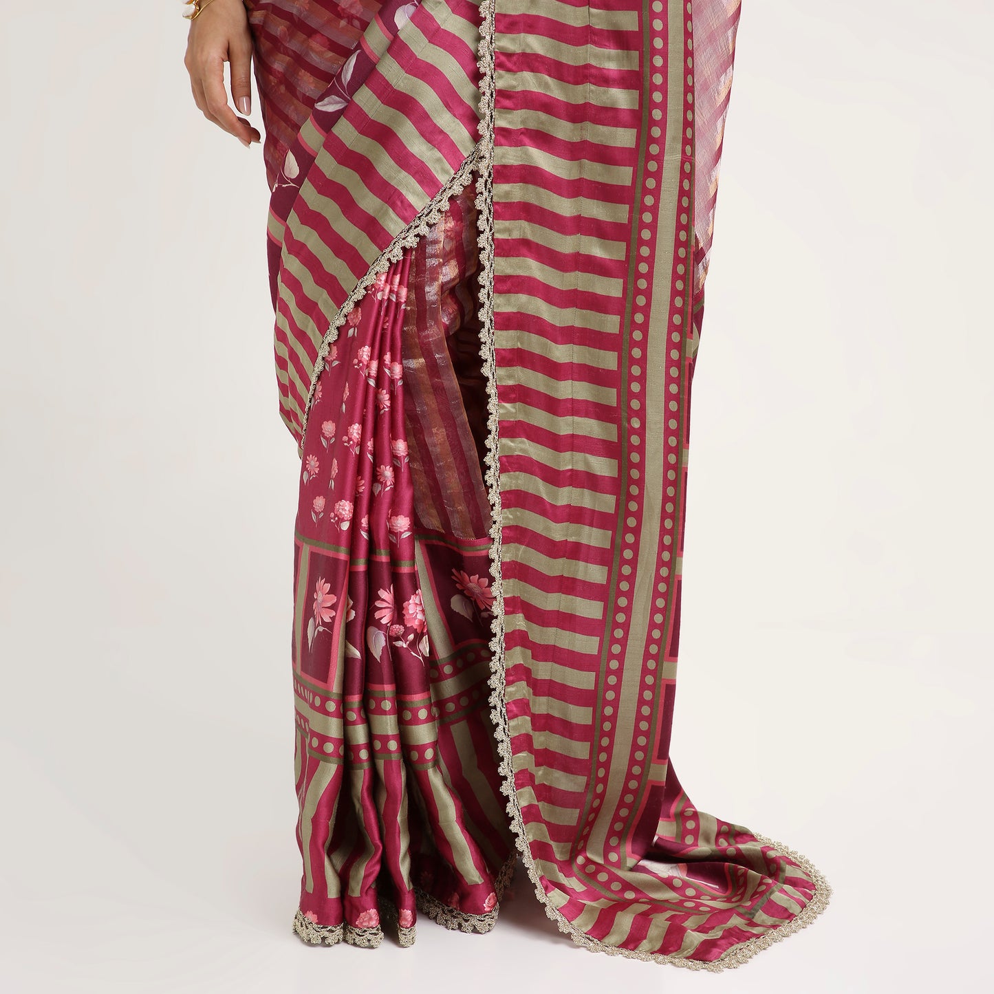 ‘Bloom Edit’ Mulberry Wine & Antique Sage Silk Banarasi Tissue Painterly Saree